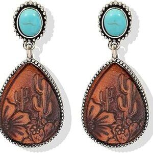 Boho Western Earrings Country  Oval Silver Turquoise Rodeo Cowgirl Cactus